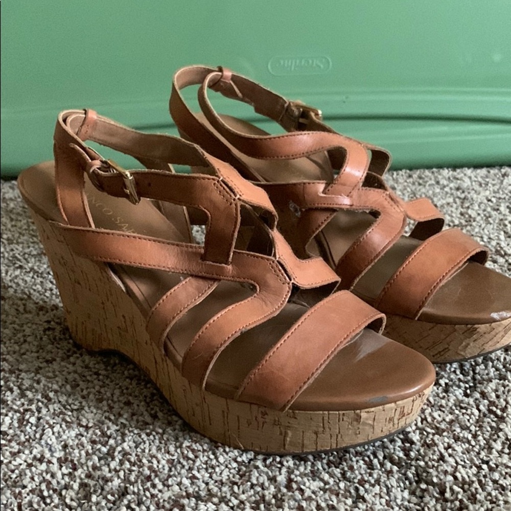 Franco Sarto Brown Leather Cork Wedge Heels